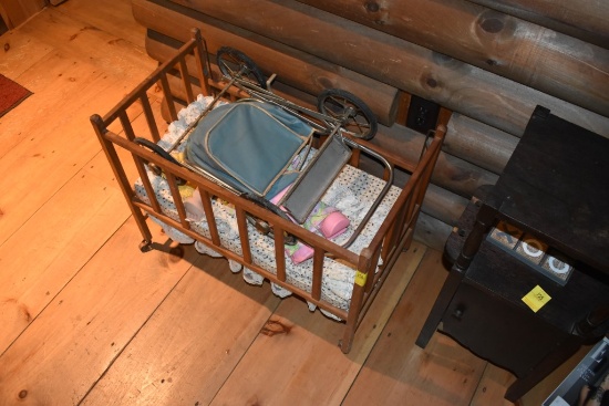 Vintage Toy Doll Crib and Baby Carriage