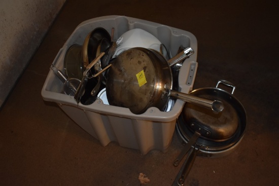 Tote of Misc Pans and Cooking Items