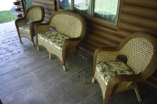 3 Piece Wicker Chair Set with Small Black Wire Table