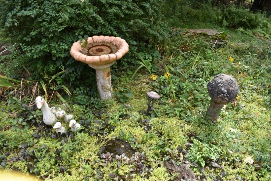 Concrete Goose and Goslings, Birdbath, and Concrete Yard Art