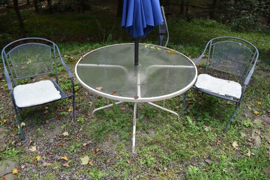 Glass Top Outdoor Table with Umbrella and 2 Chairs