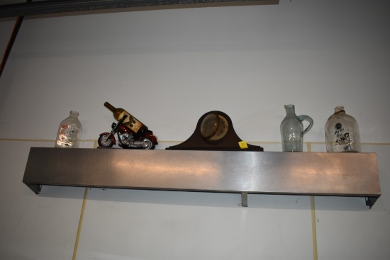 Edgewood Dairy Bottle, Bey/lea Farm Store Milk Bottle, Mantle Clock, Glass Pitcher, and Wine Bottle