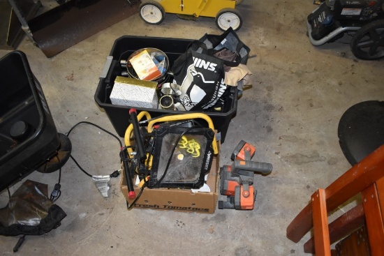 Group of Shop Lights and Tote of Bags and Pots