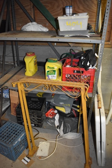 Paper Cutter, Metal Hand Rails, Weed Preventer, Crate of Misc Items, Folding Table, Life Jacket, Inf