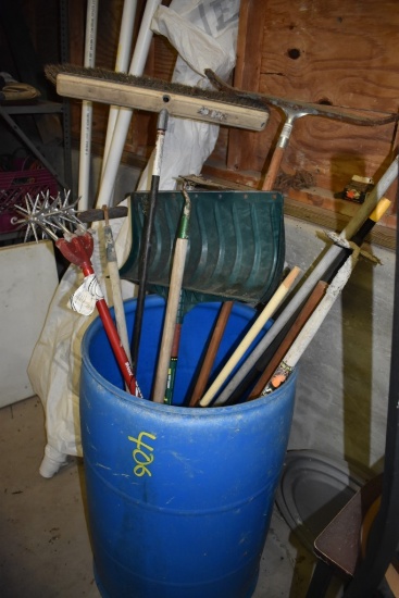 Blue Barrel of Misc Lawn Tools