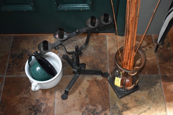 2 Chamber Pots, Glass Floor Vase, and Cast Iron Candlestick Holder