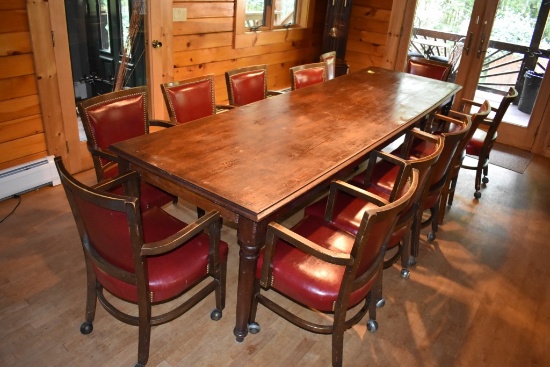 Wooden Dining Room Table with 12 Chairs on Caster Wheels