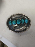 Turquoise and silver belt buckle marked BA