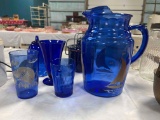 set of old blue glass ware