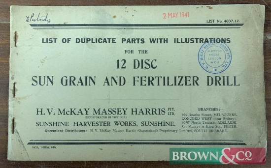 Sunshine Harvester Works 12 Disc Sun Grain & Fertilizer Drill List of Duplicate Parts
