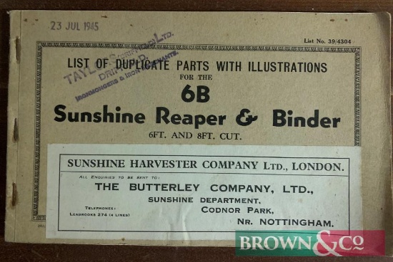 Sunshine Harvester Company 6B Sunshine Reaper & Binder List of Duplicate Parts