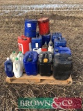 Quantity various tractor oils, containers, grease buckets and antifreeze