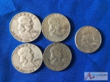 5 1960s D Franklin Silver 1/2 Dollars