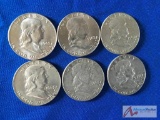 6- 1963 D Franklin Silver 1/2 Dollars