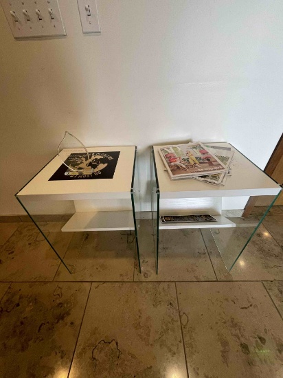 White and glass end tables x 2