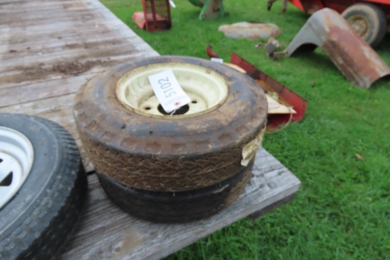 2 SMALL TIRES 4.80-8 GOOD YEAR 5 LUG ON RIMS