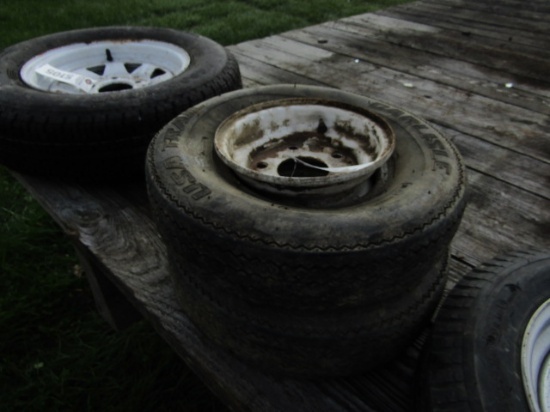 2 TIRES 4.80-8 TIRES ON 5 LUG RIMS