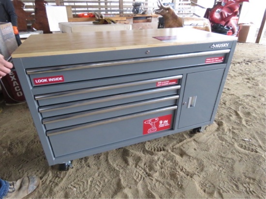 NEW HUSKEY 56" 5 DRAWER 1 DOOR MOBILE WORK BENCH W/ SOLID WOOD TOP, 56"WX 24.5DX37.1