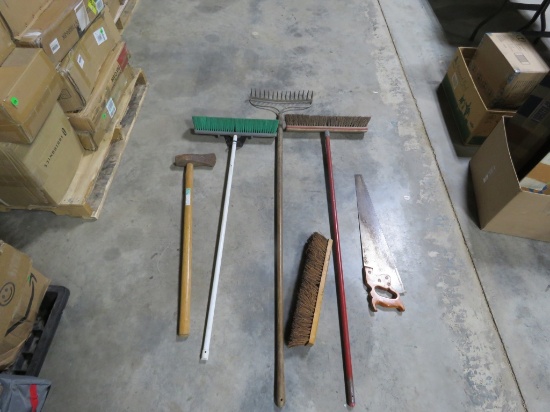 GROUP- RAKE, BROOMS, HAND SAW, AXE