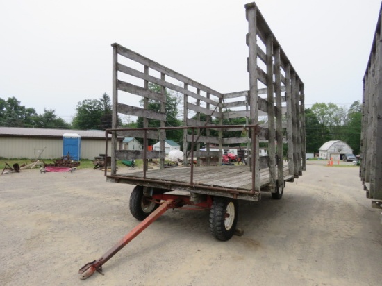 WOOD SQUARE BALE WAGON ON ORANGE RUNNING GEAR