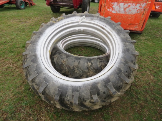 2 TRACTORS TIRES ON NEW RIMS - FARMHAND 13.6-38 ON