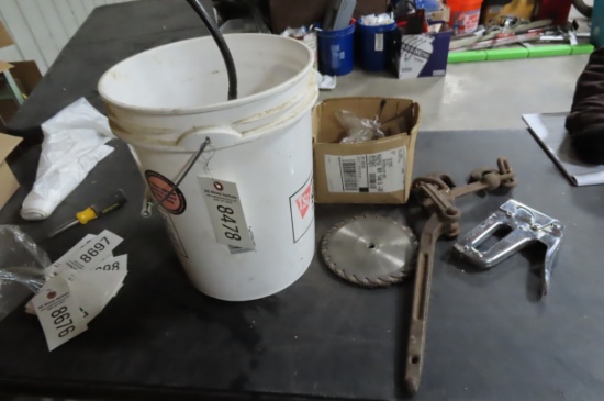BUCKET OF GREASE GUNS AND SAW BLADES