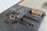 BOX OF ASSORTED TOOLS- SMALL C CLAMP, MEAT GRINDER