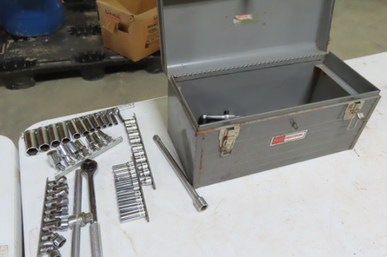 METAL SEARS CRAFTMAN TOOL BOX WITH SOCKETS AND