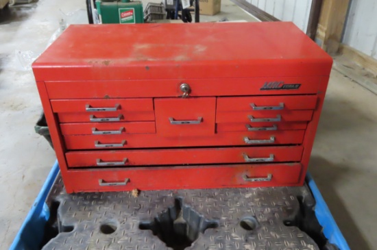 MAC TOOLS RED METAL TOOL BOX WITH SOME TOOLS