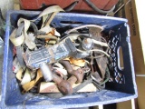 CRATE OF MISC- CLEVIS , HITCH, BUNJIES AND MORE