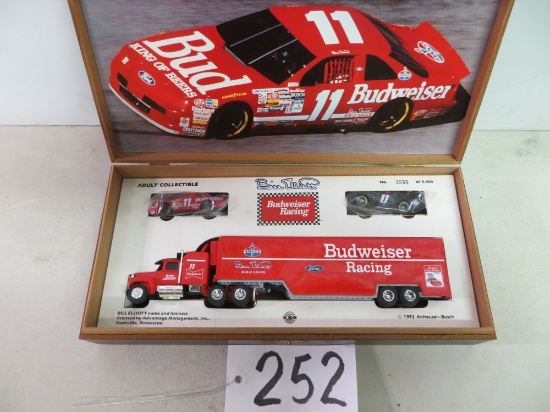 Ertl Budweiser Racing, Bill Elliot #11, Wood Case & Transportor & Car 1/64 Scale & 1/32 Scale