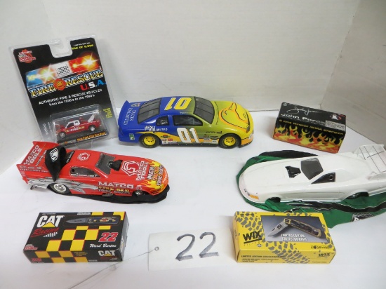 Brut, Matco Tools drag cars, 01 Ducks Unlimited, 2 knives, John force Funnyh car	numerous scales