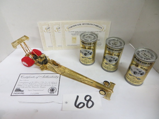 Nascar Gold Indy MAC Tools Dragster & 3 Collectible Race Ways Beer Cans w/ Certificates	