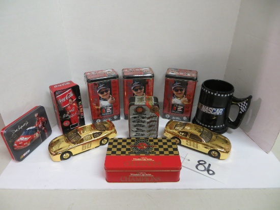 Misc. Nascar Items - 3 Earnhart Tins, 1 Earnhart Coke Cola Tin, 2 Gold Cars, 2 Misc. Cars & Mug 	