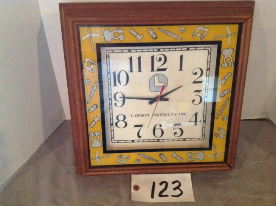 Lawson Products Inc wood framed clock, battery operated
