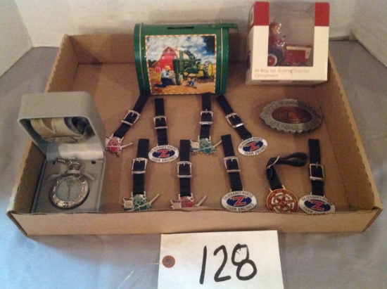 9 fobs, belt buckle, pocket watch, JD mail box & IH Boy Ornament