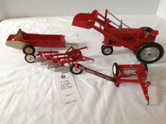 spreader, sickle mower, plow, tractor w/loader   Tru Scale