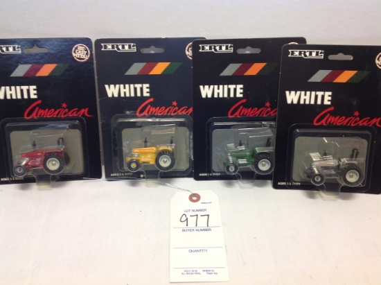 4 White American tractors  yellow, green, grey & red