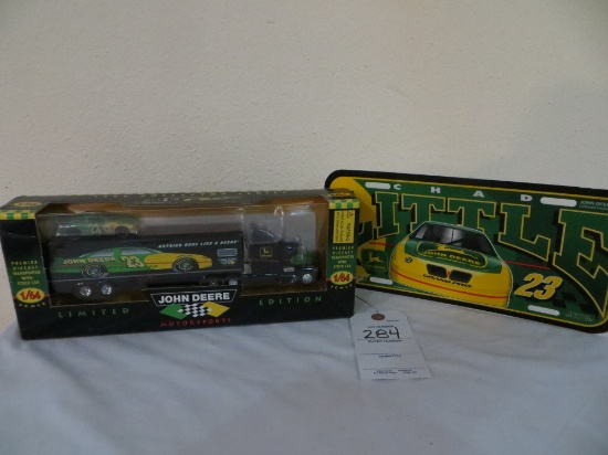 Chad Little #23 John Deere liscence plate and semi with race car and transp