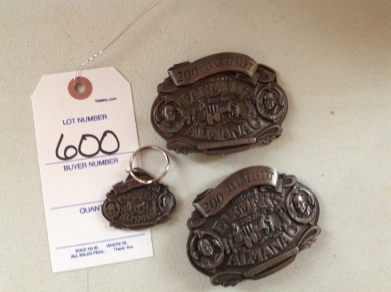 2 Farmer's Almanac Belt Buckles and a keychain