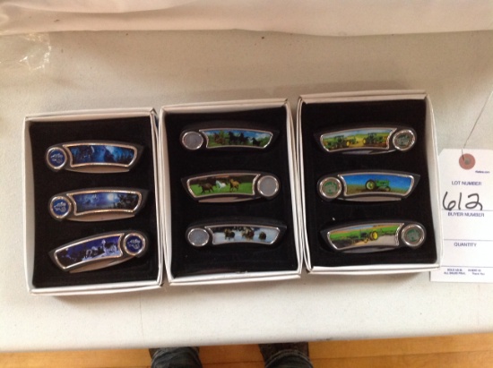 3 sets of 3 pocket knives, 1 John Deere, wolves, and horses