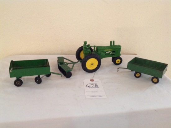 John Deere toy set, 1 tractor, 2 wagons,and a Disk