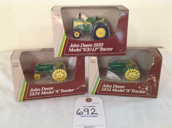 3 1/43 scale John Deere Tractors, 2 1934 Model And 1958 Model 630 LP tracto