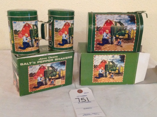 John Deere Salt and Pepper Shakers and Mailbox Bank Tin