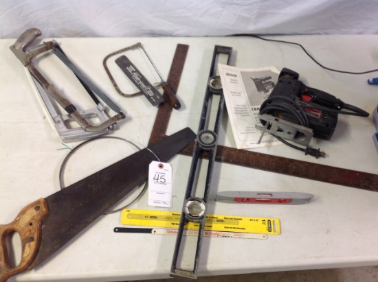 hand saws, levelers, Craftsman scroll saw, square and more