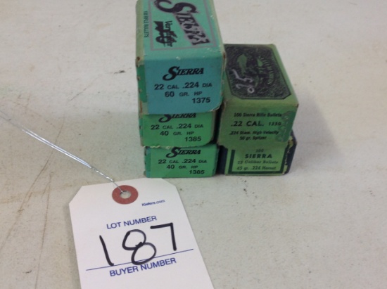 Sierra 22 cal. .224 dia 60 gr, 2 box 22 cal .224 40 gr, .22 call 50 gr spit