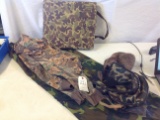 camo items, seat, sweat shirt, Fred Bear pack, Kolpin gun pack, hat