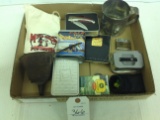 Assortment of MFA Knife, Marbles, Antique Oil Fill, Tin Cup, Miner Bags From Ozarks, Roll of Caps fo