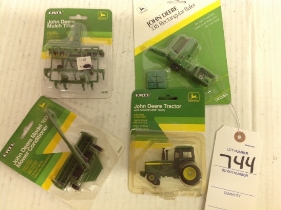 John Deere 1/64 scale tractor with haybine, mulch tiller and baler