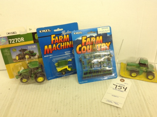 1/64th scale John Deere toys 2 tractors one mixer and a mulch master